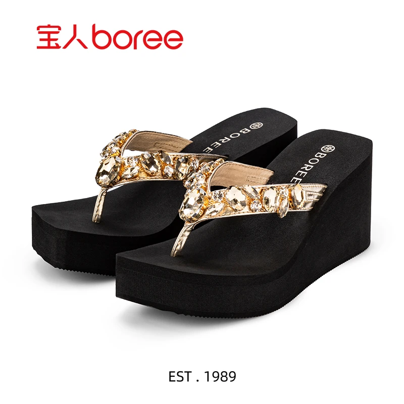 boree宝人厚底人字拖女夏季高级高水钻夹脚拖鞋外穿防滑增高凉鞋