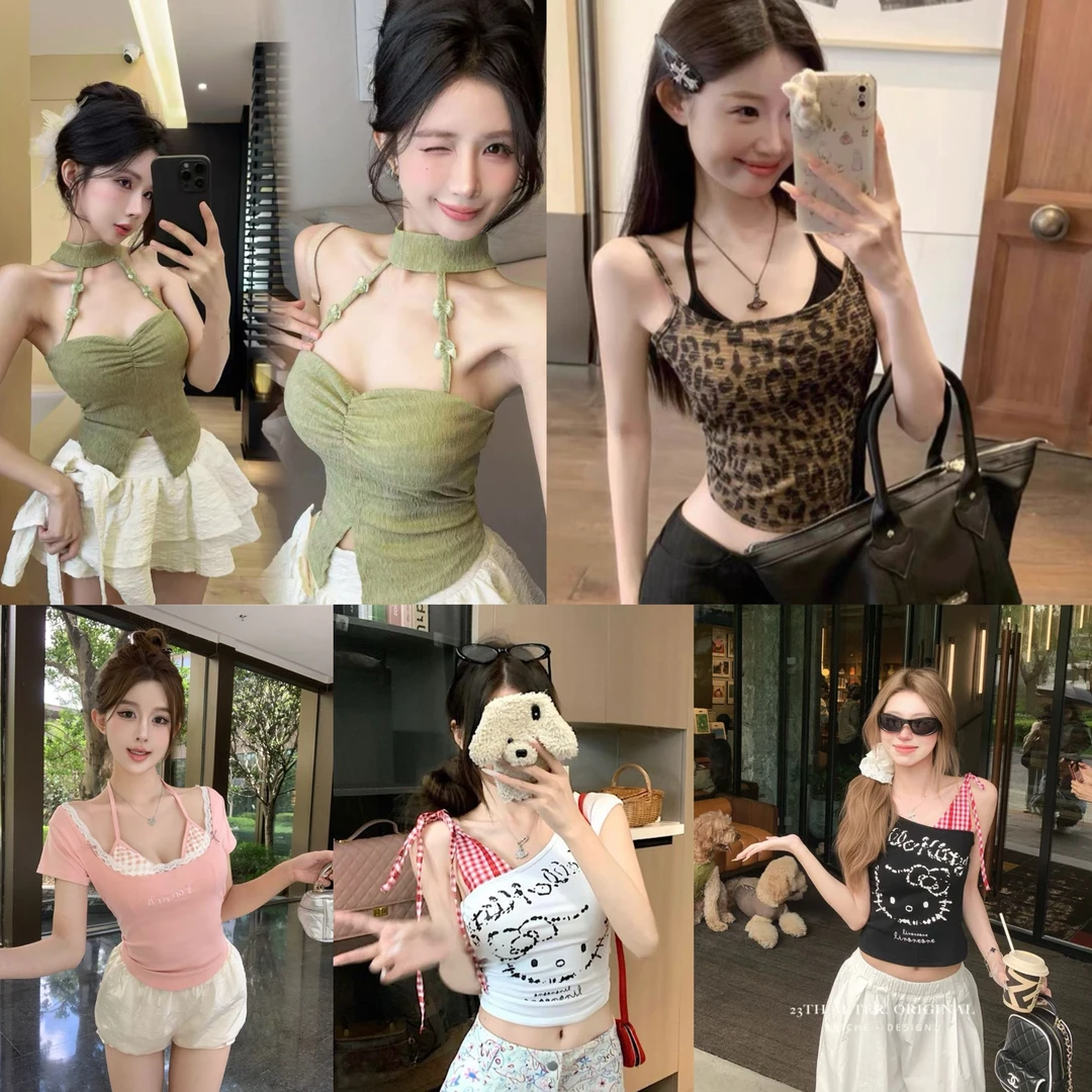 编号【200-300】夏季新款辣妹性感吊带挂脖纯欲背心带胸垫外穿百搭1