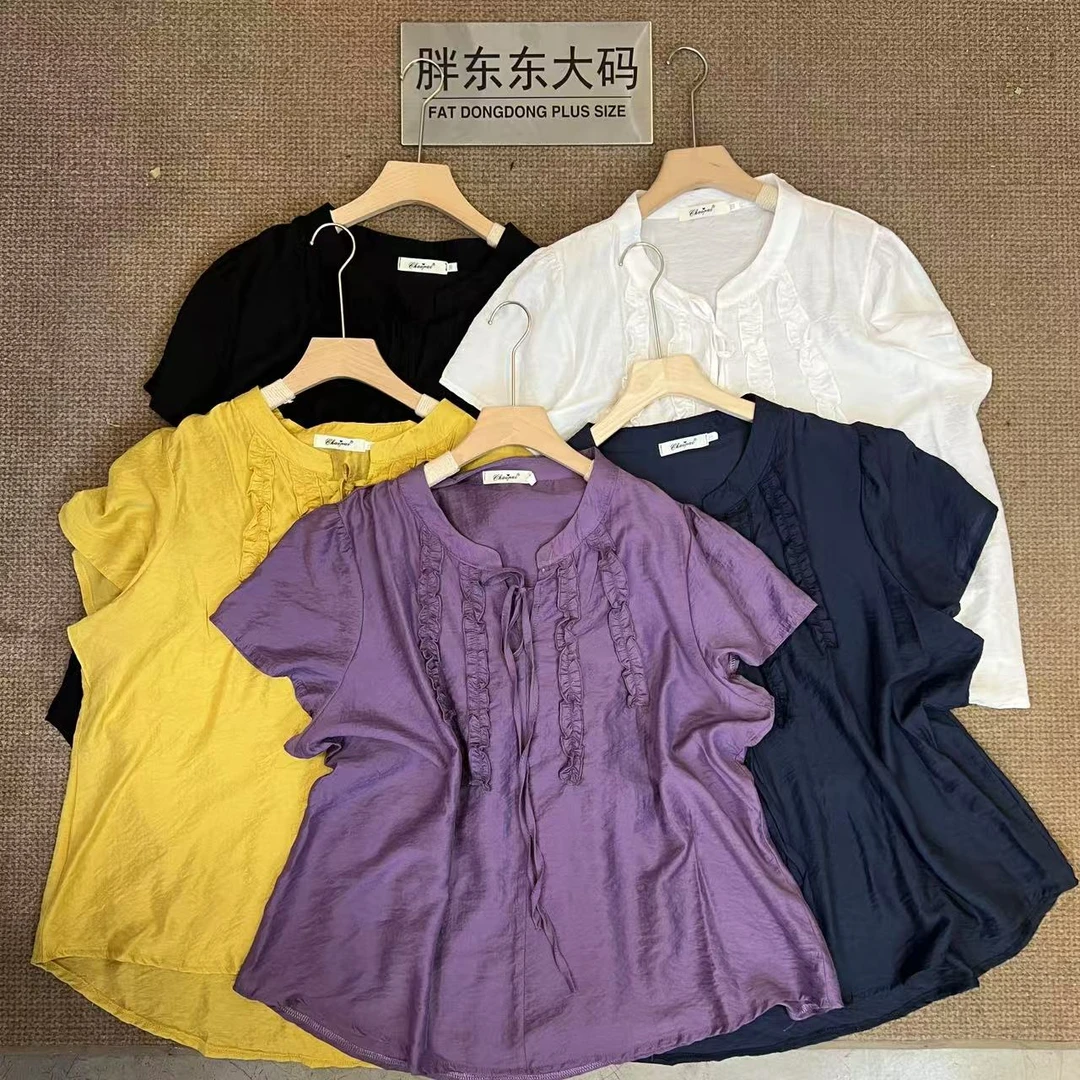 「慵懒荔枝」东东家*9556大码新款圆领褶皱系带宽松显瘦短袖上衣