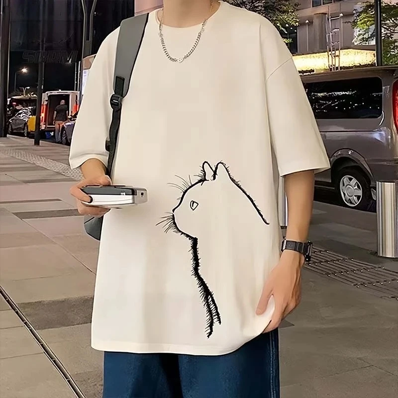 殿若美式潮牌猫咪印花纯棉短袖上衣男夏季新款慵懒感情侣款T恤ins