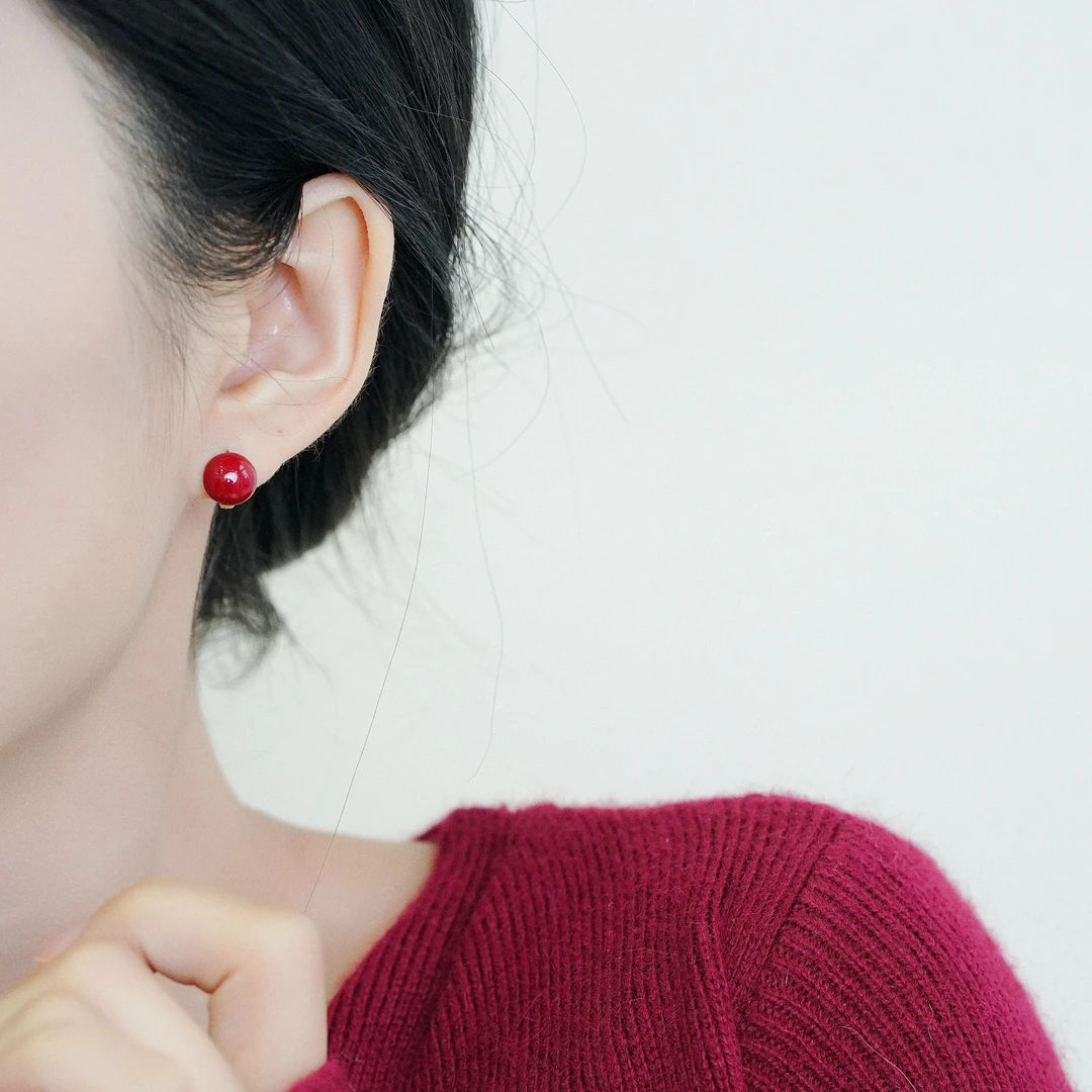 铜合金耳饰 安可拉红豆耳扣耳钉耳环正圆秋冬高级感复古气质过年