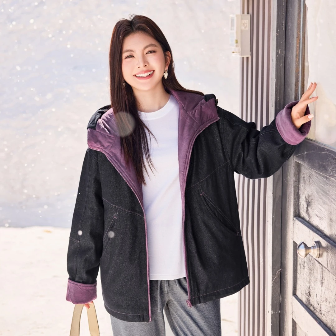 【撞色牛仔派克90绒羽绒服】MsShe大码女装冬加厚连帽外套M2510034