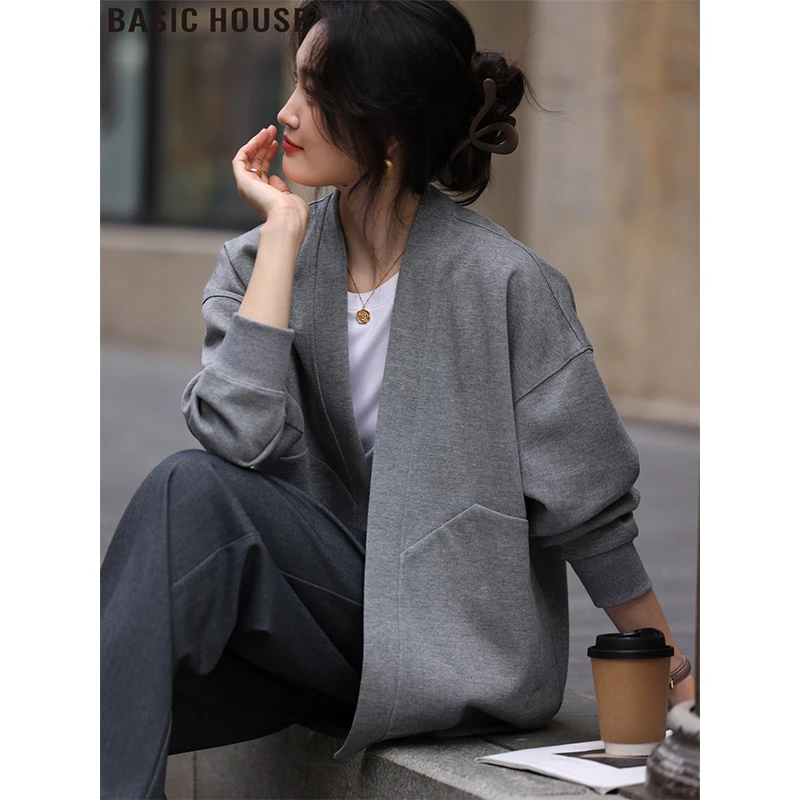 Basic House/百家好灰色慵懒风安可雷穿搭无领外套女2025春季新款