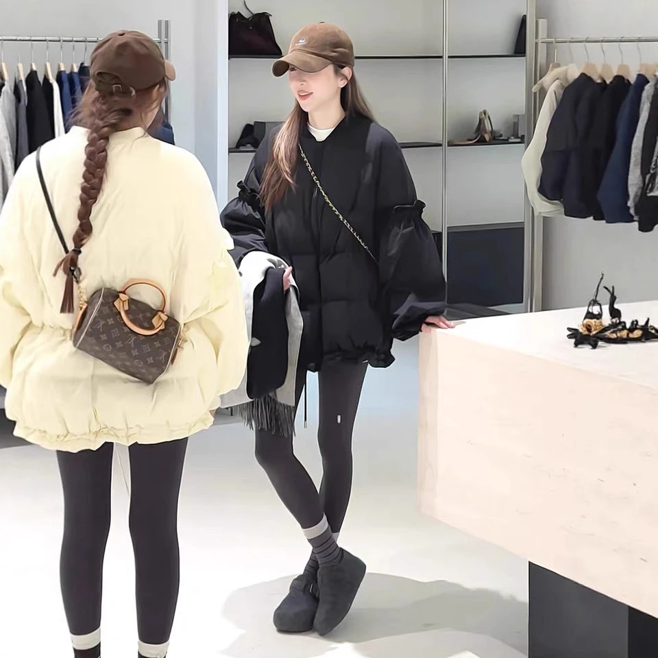 韩系减龄花瓣袖绒羽服女冬季2025新款显瘦立领设计木耳边保暖外套