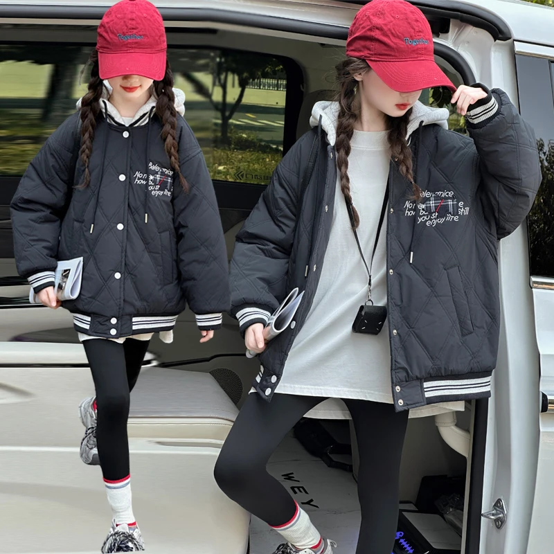 女童2025新款加棉加厚刺绣连帽棉服中大童休闲韩版外套儿童夹克潮