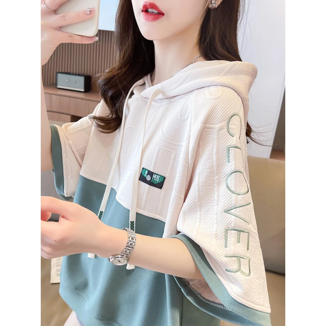 设计感小众连帽短袖t恤女夏季韩版宽松大码女装减龄半袖上衣服潮