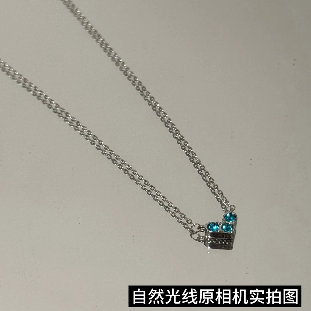 铜合金项链 闪锆蓝色爱心项链简约百搭