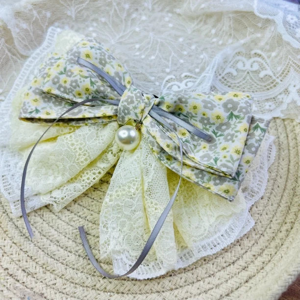 HC0450 灰黄色碎花浅黄色刺绣蕾丝蝴蝶结弹簧夹