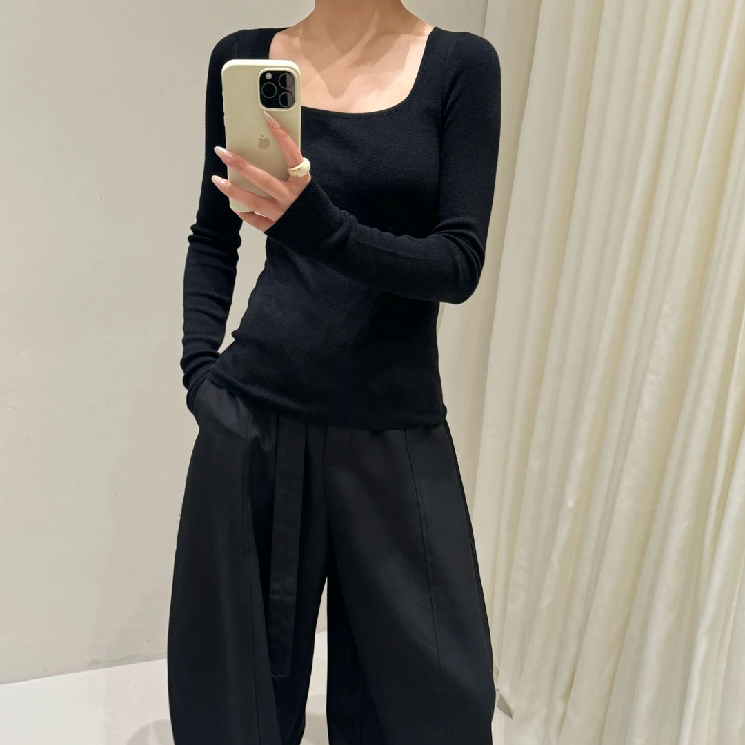 方领女毛针织衫小个子显瘦针织衫长袖上衣时尚