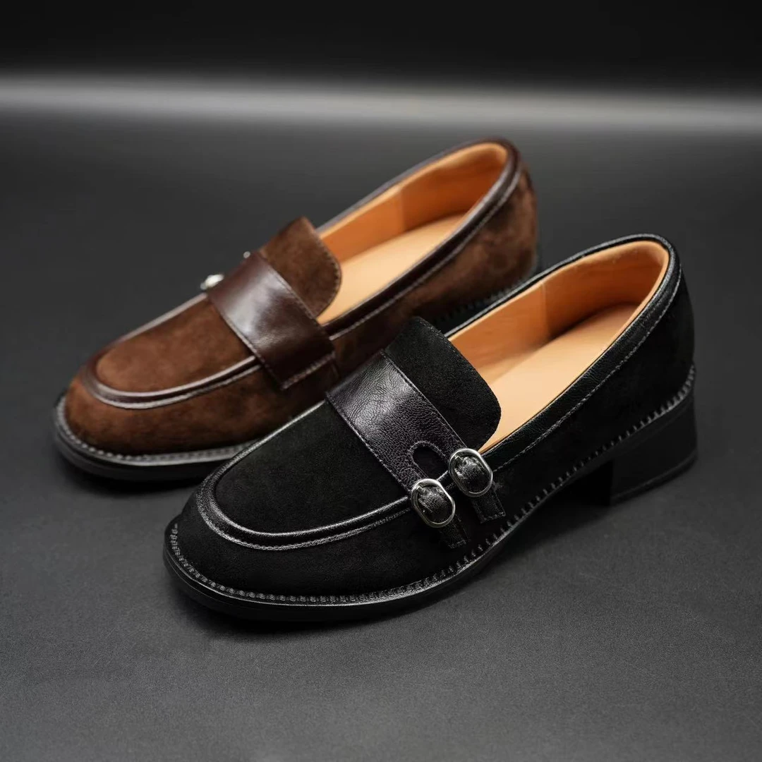 【Dhh】跟4.5cm•羊反皮+牛皮•粗跟英伦乐福鞋复古法式磨砂单鞋