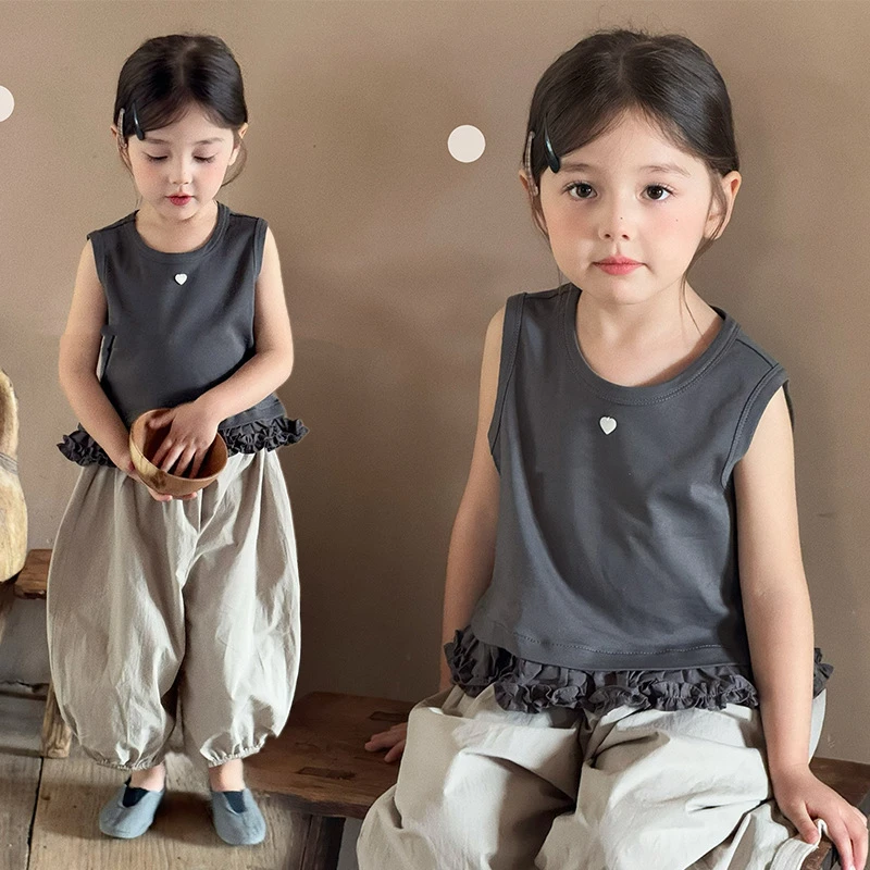 女童韩版套装2025夏季新款纯色小爱心T恤中小童速干裤两件套