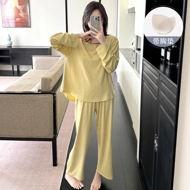睡衣女款春秋季带胸垫长袖2025新款简约纯色可外穿网红家居服套装