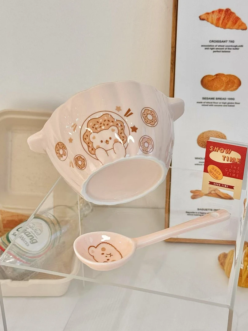 小奶熊双耳南瓜碗一碗一勺 釉下彩吃饭碗防烫加厚好看的碗一人食