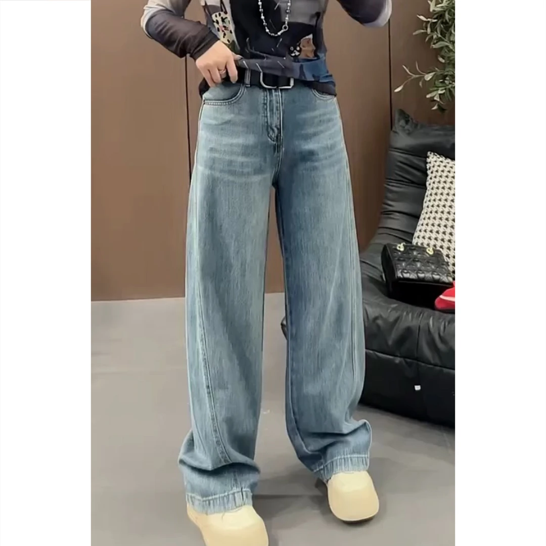 艾塔莉早秋新款时尚水洗牛仔裤女长裤宽松拖地裤常规高腰阔腿裤子