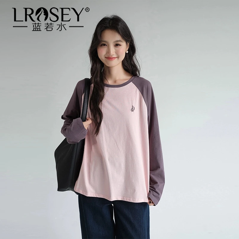Lrosey/蓝若水大码女装插肩长袖圆领T恤减龄内搭刺绣上衣86312