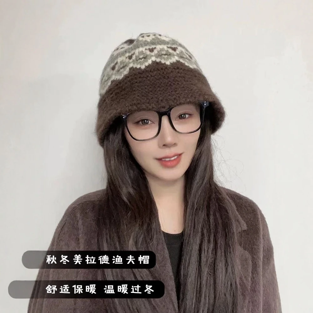 费尔岛毛线渔夫帽女复古日系毛绒帽子秋冬保暖卷边针织帽素颜百搭