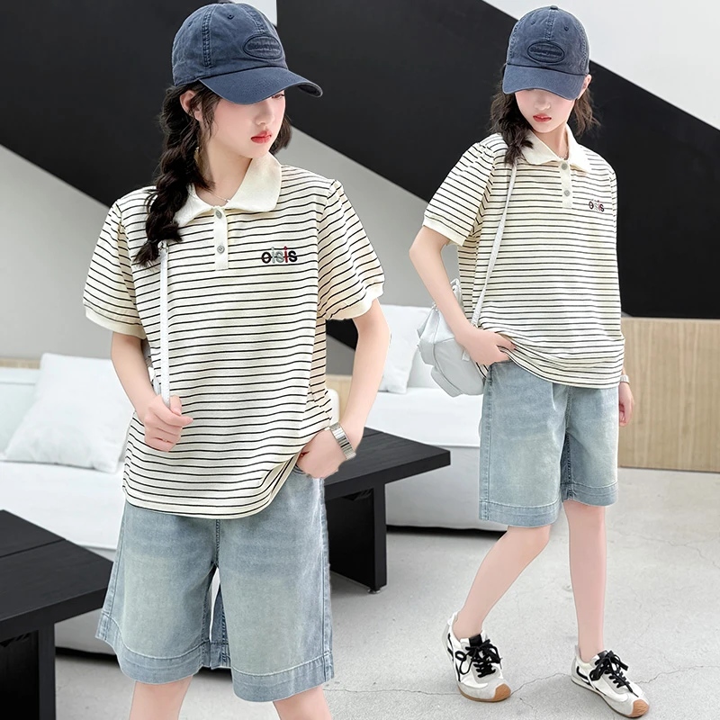 （120-180码）女大童短袖套装夏季女孩条纹POLO衫T恤牛仔五分中裤潮