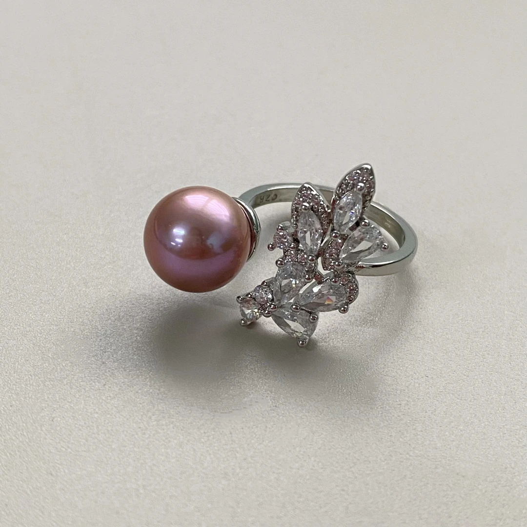 珍氏珠宝天然淡水珍珠戒指女正圆紫色清冷高级感可调节戒圈（莓芝）