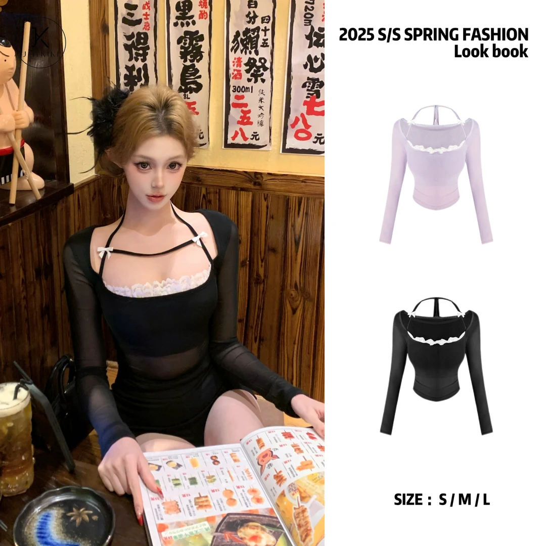 JOY KIKI金金【贵气姐姐】春季少女休闲拼接蕾丝蝴蝶结上衣J25A102