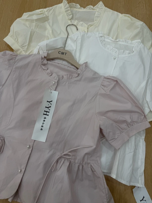 087 花朵边系腰绳T恤衫