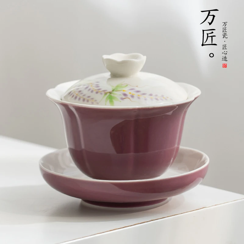 盖碗茶杯套装家用手绘陶瓷色釉三才泡茶碗单个高档盖碗功夫茶具
