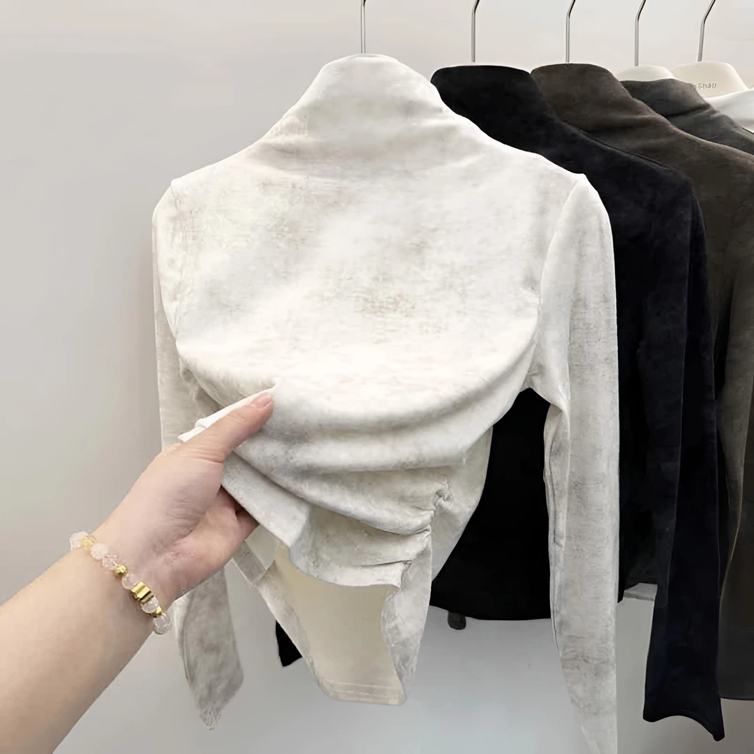 小众正肩半高领褶皱收腰扎染长袖秋冬新款设计感德绒内搭打底衫女