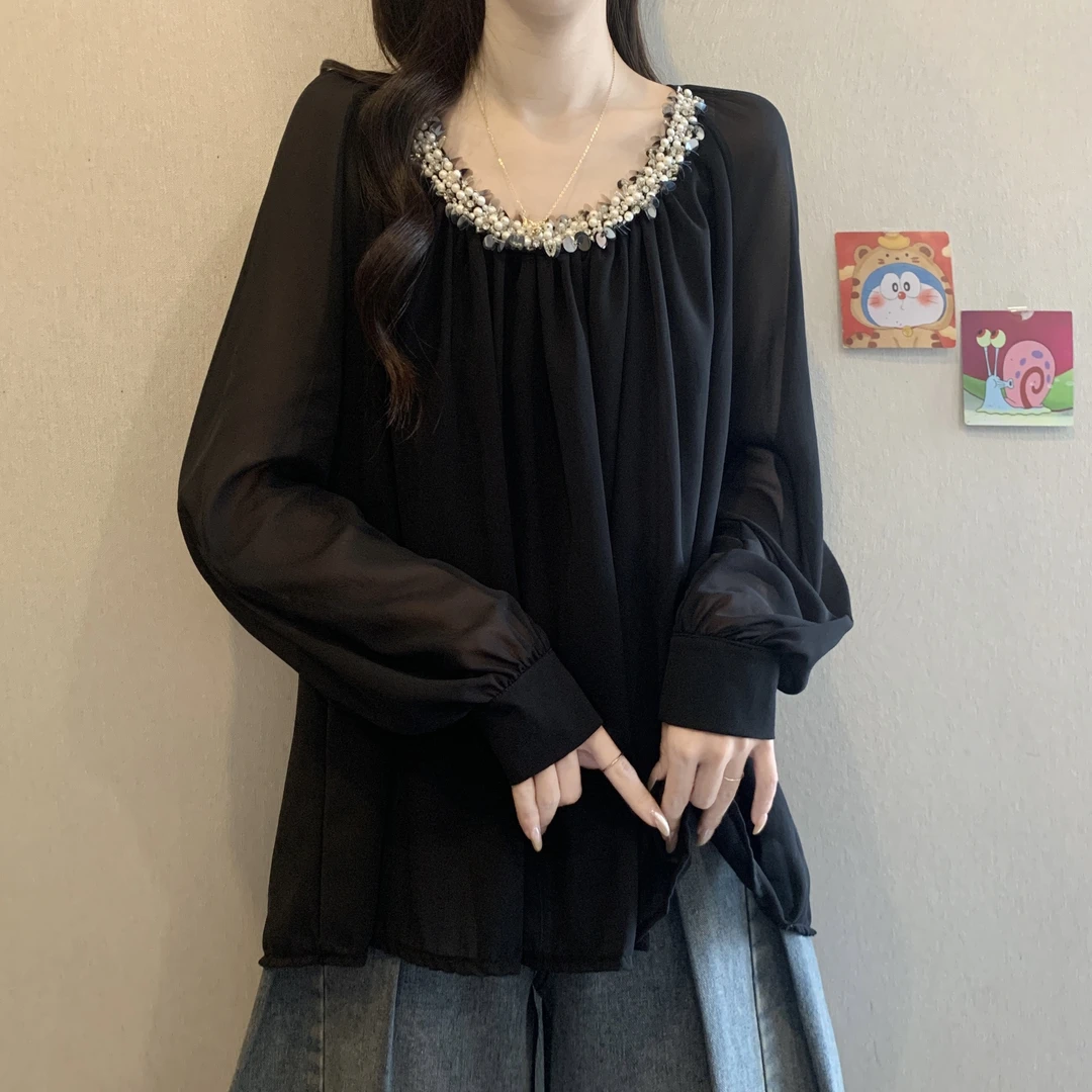 大码女装法式重工露背烫钻雪纺衬衫女早秋胖妹妹宽松遮肚减龄上衣