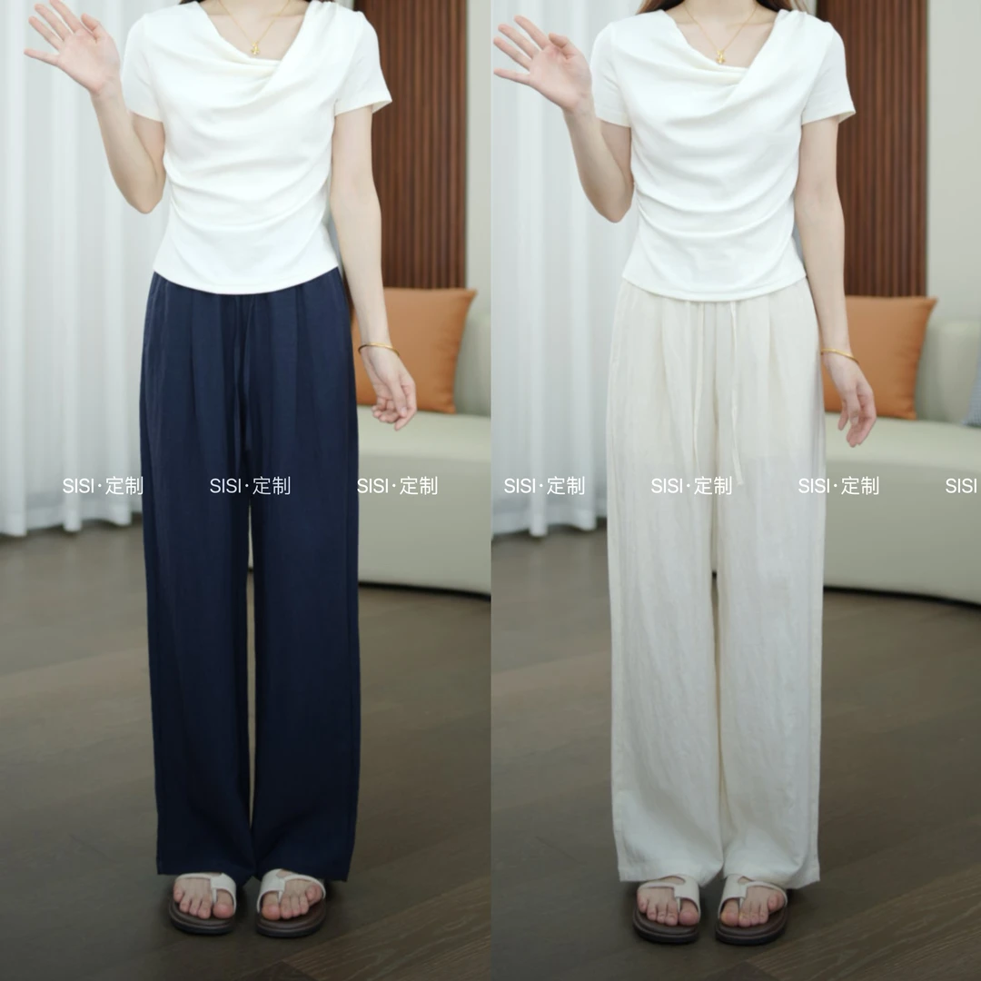 【CC小个子】夏季薄款高腰亚麻天丝窄版阔腿裤