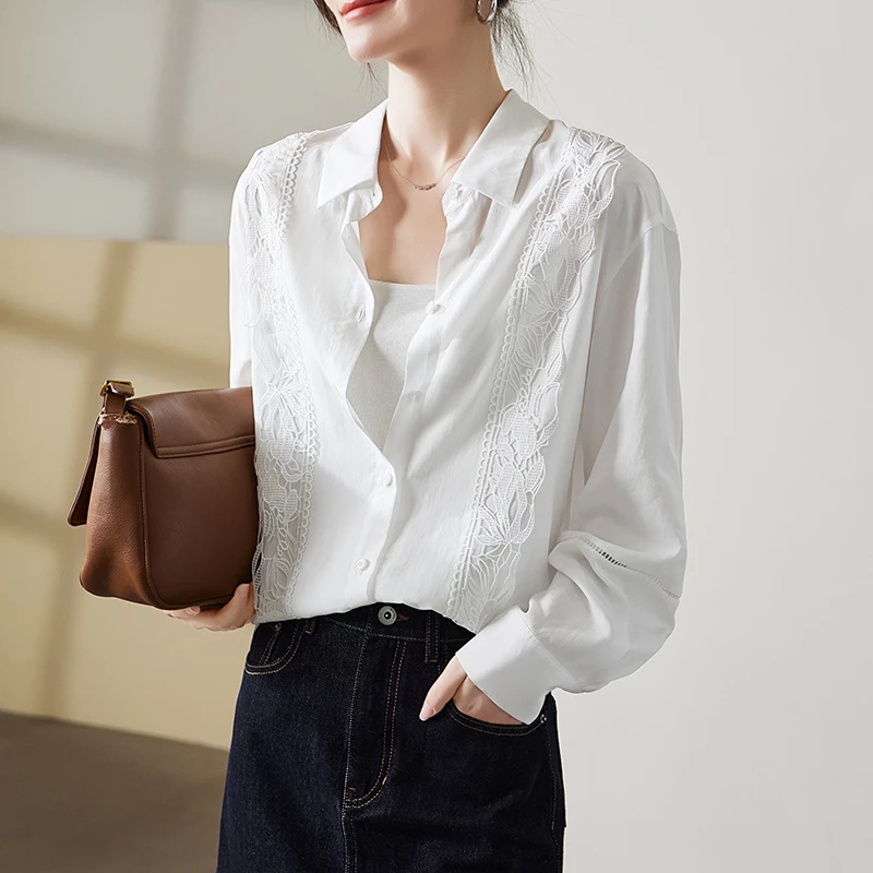 索菲丝尔2025秋季新款莱赛尔气质宽松气质蕾丝长袖衬衫女533060