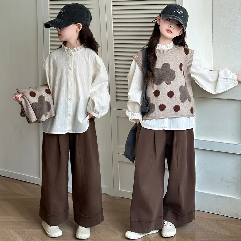 女童套装女大童洋气时髦女孩韩版春装针织马甲三件套2025春季新款