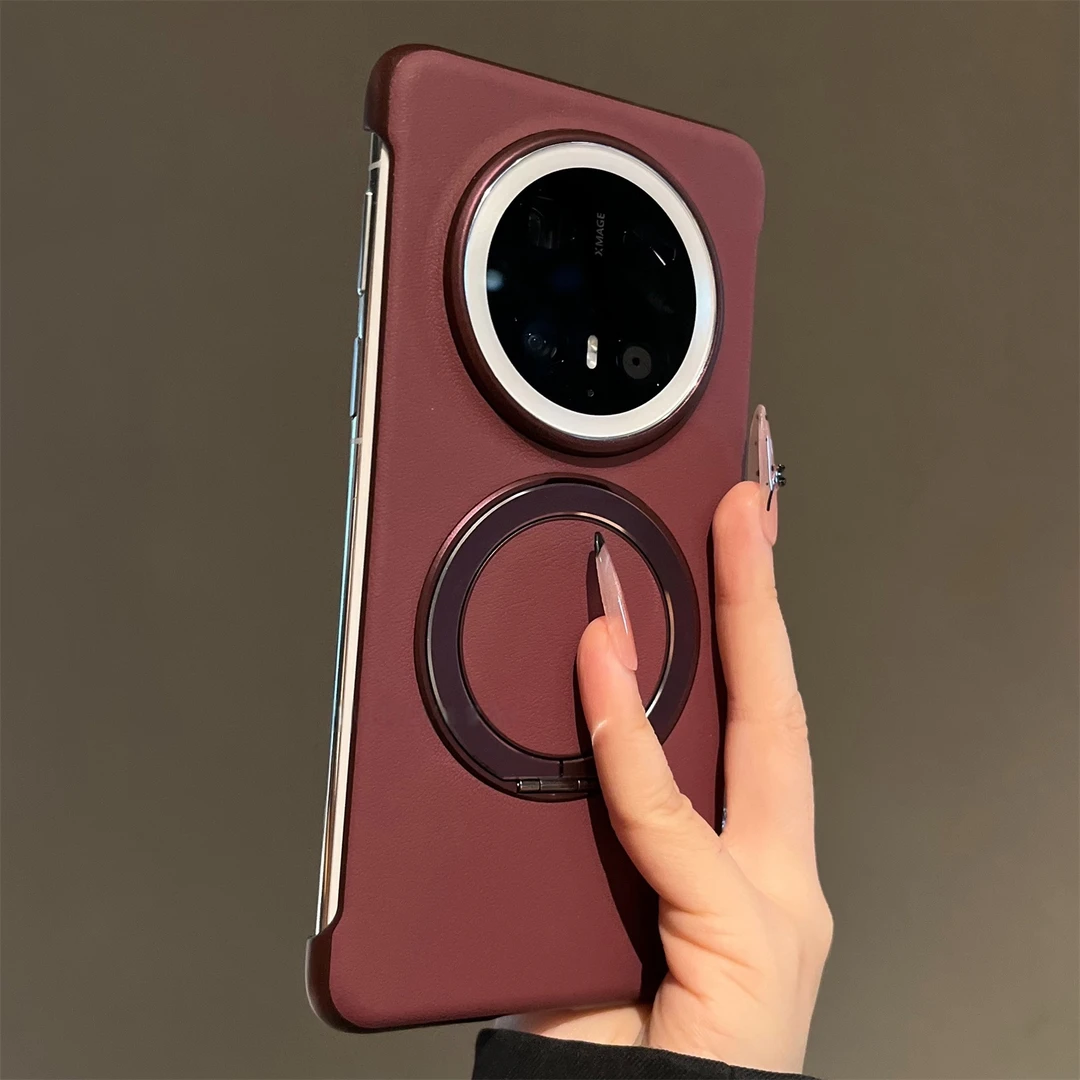 无边框素皮适用于华为mate70pro+手机壳简约高档超薄硬壳磁吸支架