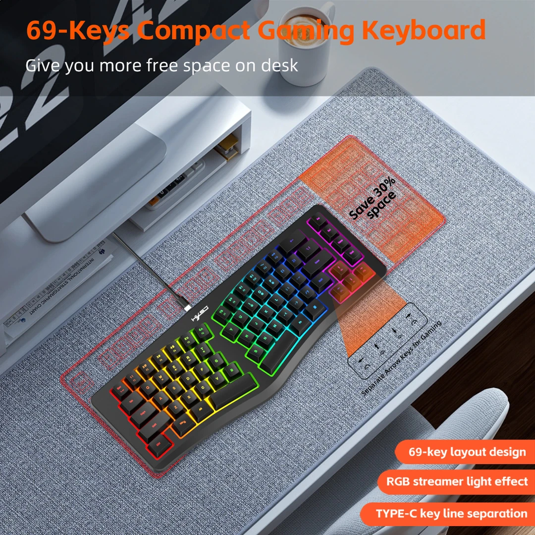 人体工学有线薄膜键盘Alice配列69键紧凑型设计RGB背光办公键盘