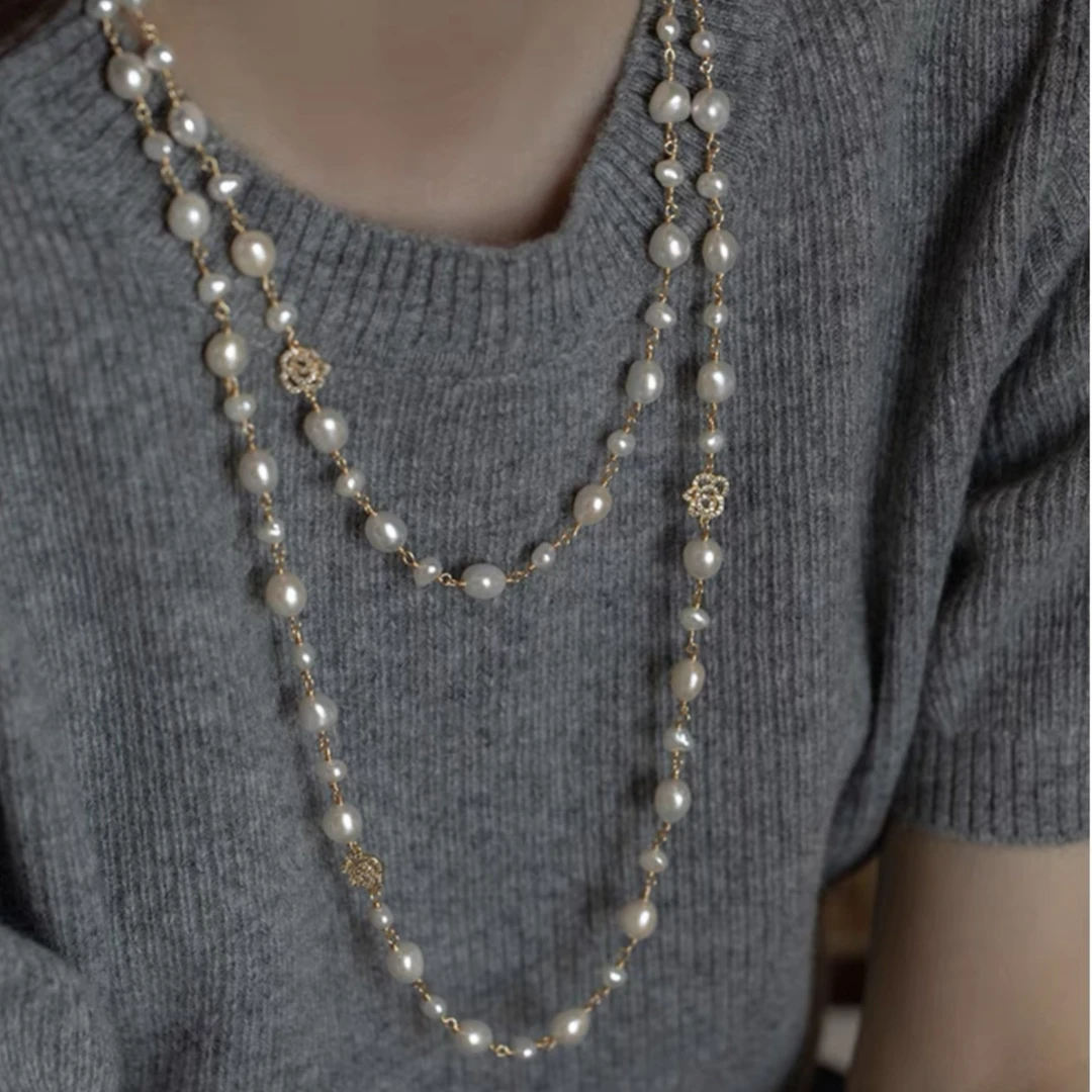 天然淡水珍珠项链女款长款双层叠戴山茶花秋冬毛衣链大气高档轻奢