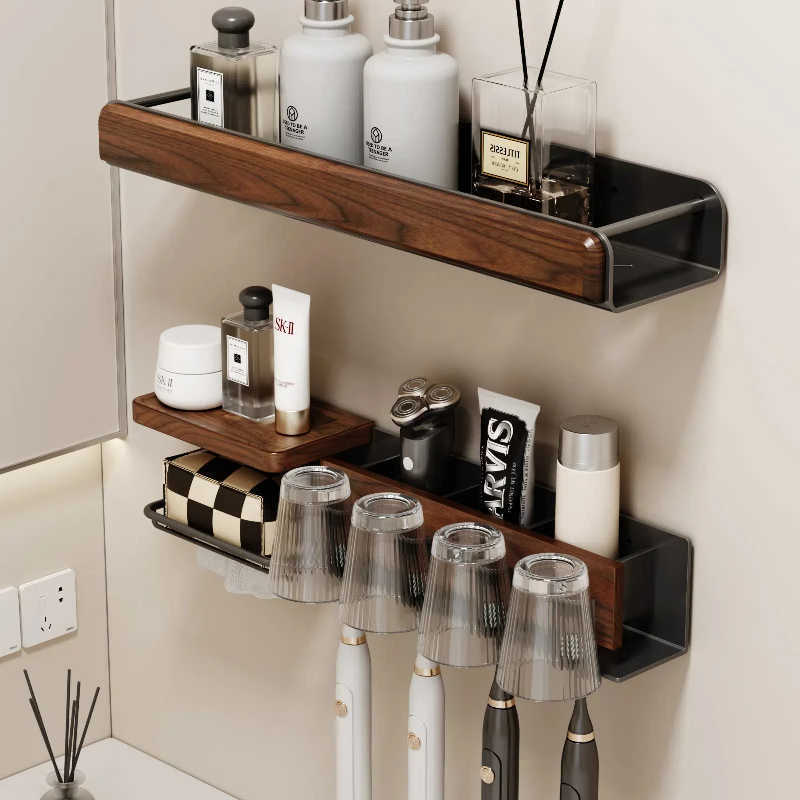 cmeo胡桃木牙刷架子洗脸纸巾置物架卫生间浴室洗漱台胡桃木置物架