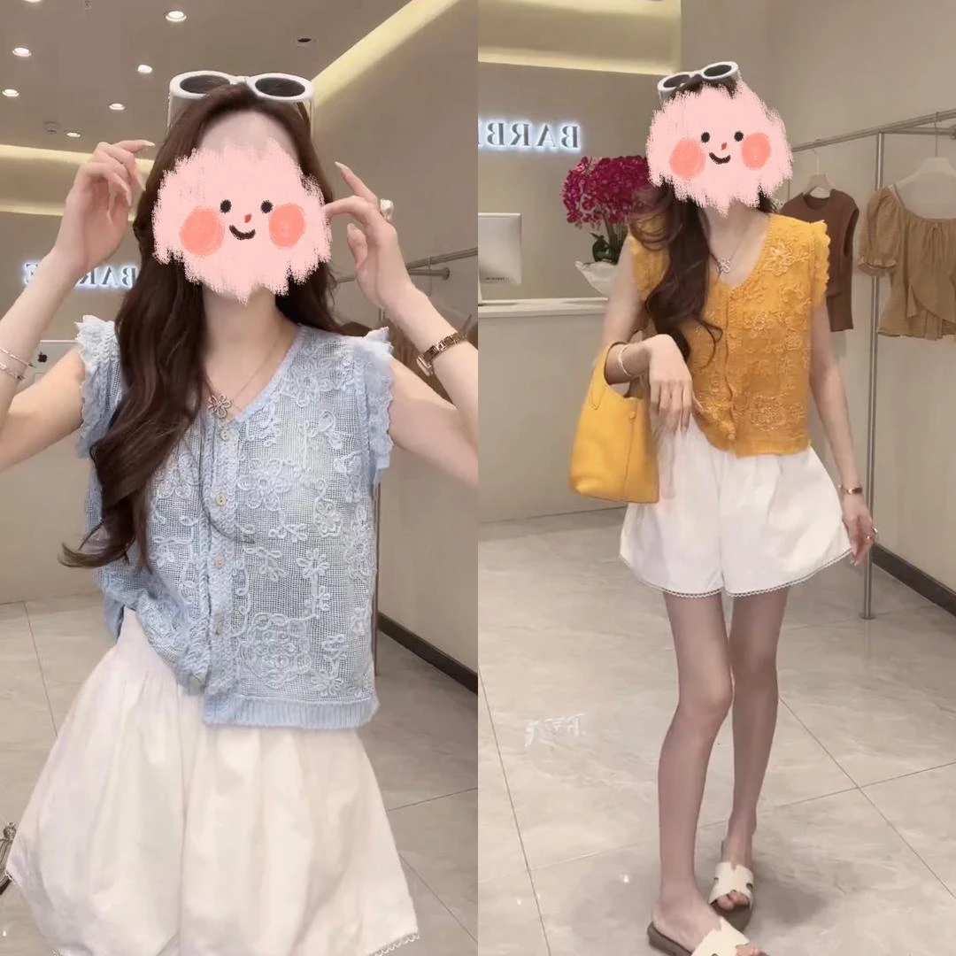 夏季法式V领提花无袖上衣时尚韩版松紧腰镂空花边短裤套装