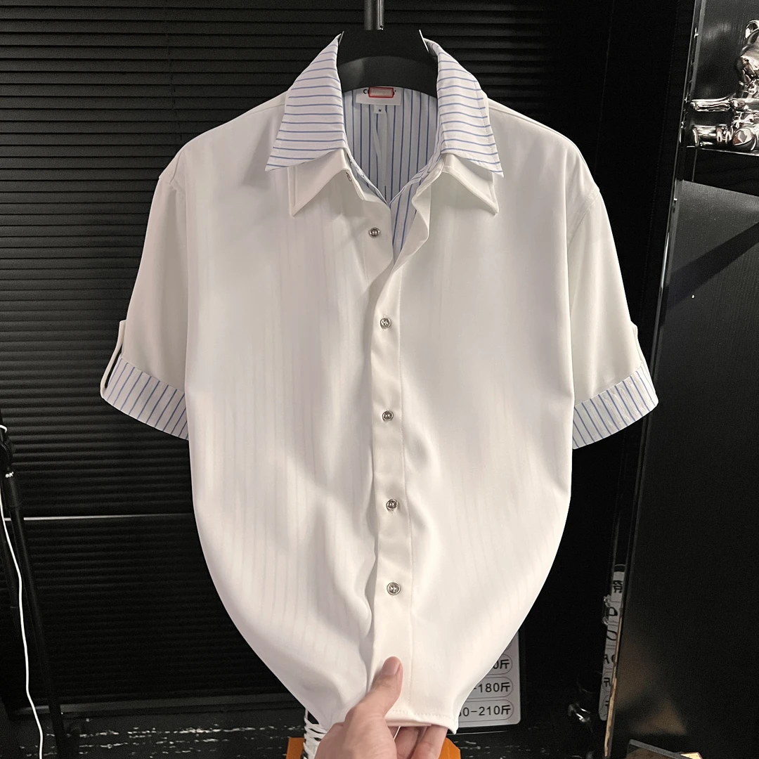 dan-高级感假两件冰丝男士短袖衬衫休闲百搭帅气简约宽松衬衣夏季