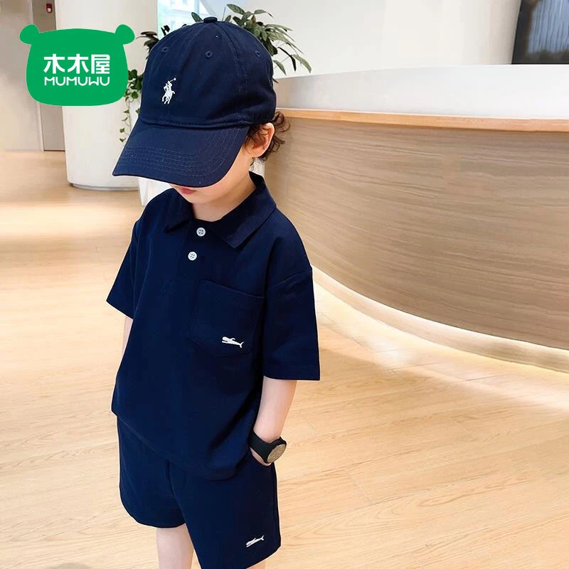 木木屋男童套装夏季新款刺绣帅气儿童宝宝时髦POLO短袖短裤两件套