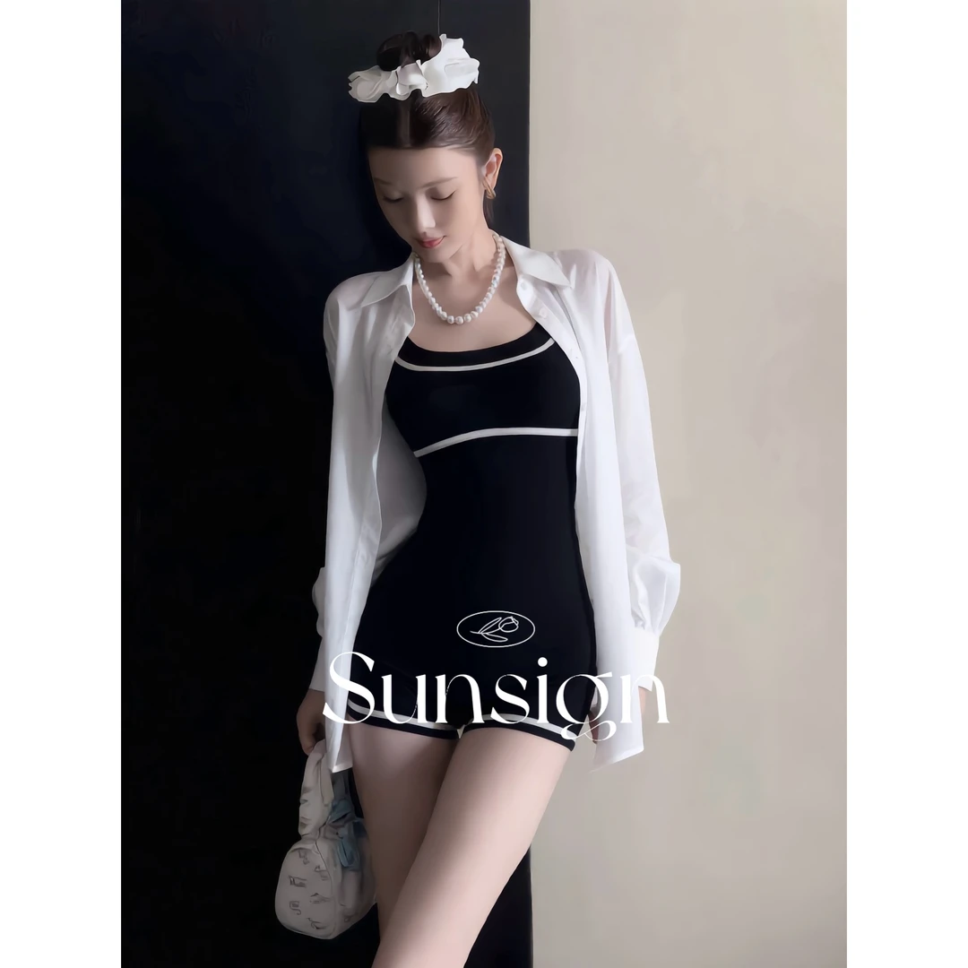 SUN【墨白奶霜】赵露思同款泳衣女连体吊带保守显瘦遮肚热辣新款