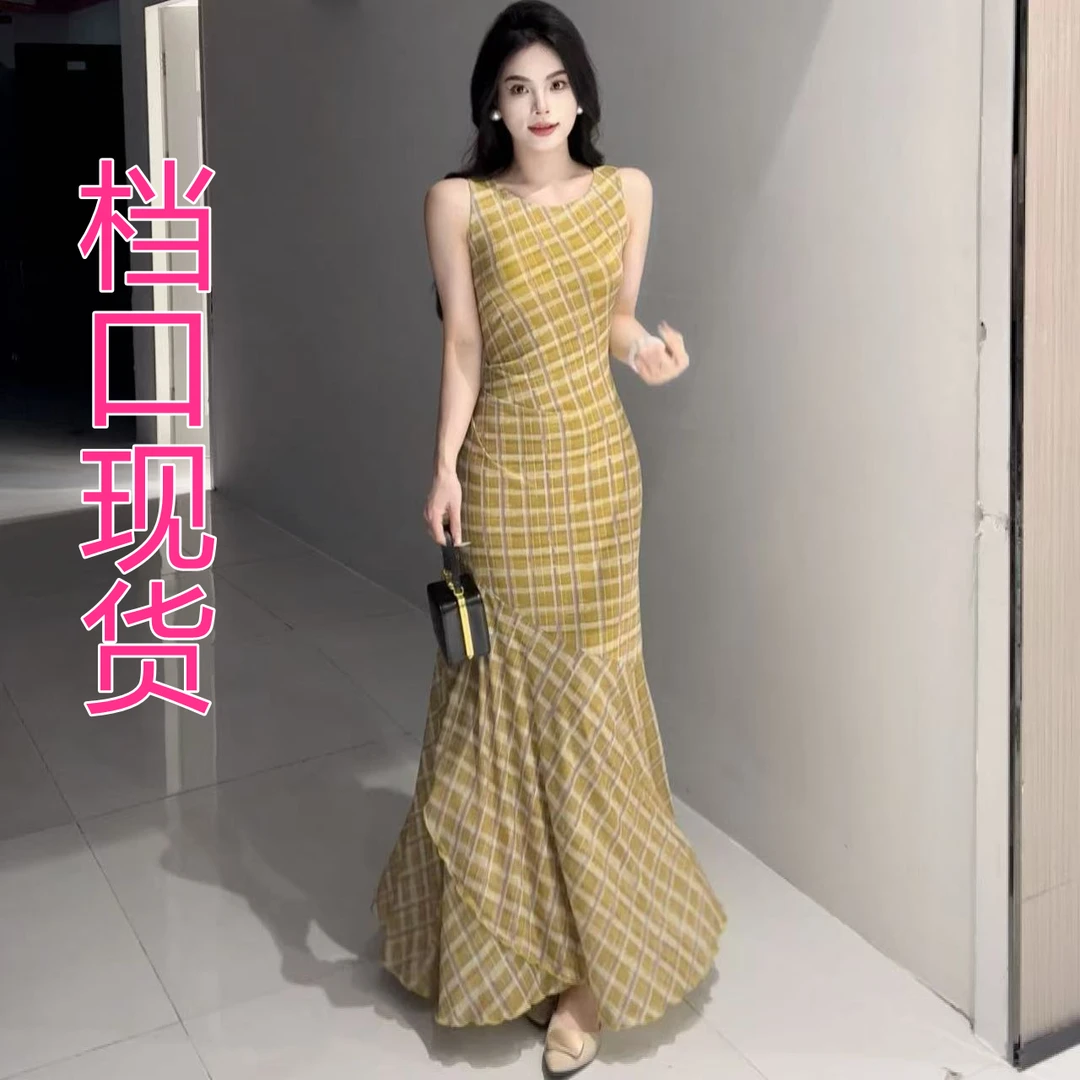 复古格纹雪纺印花背心吊带连衣裙2025格子夏季无袖裙子显瘦气质时