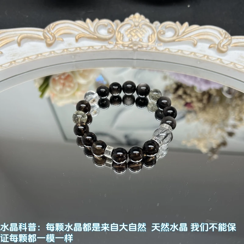 A095【水逆退散】天然水晶手串手链10mm+茶水晶+黑发+银曜