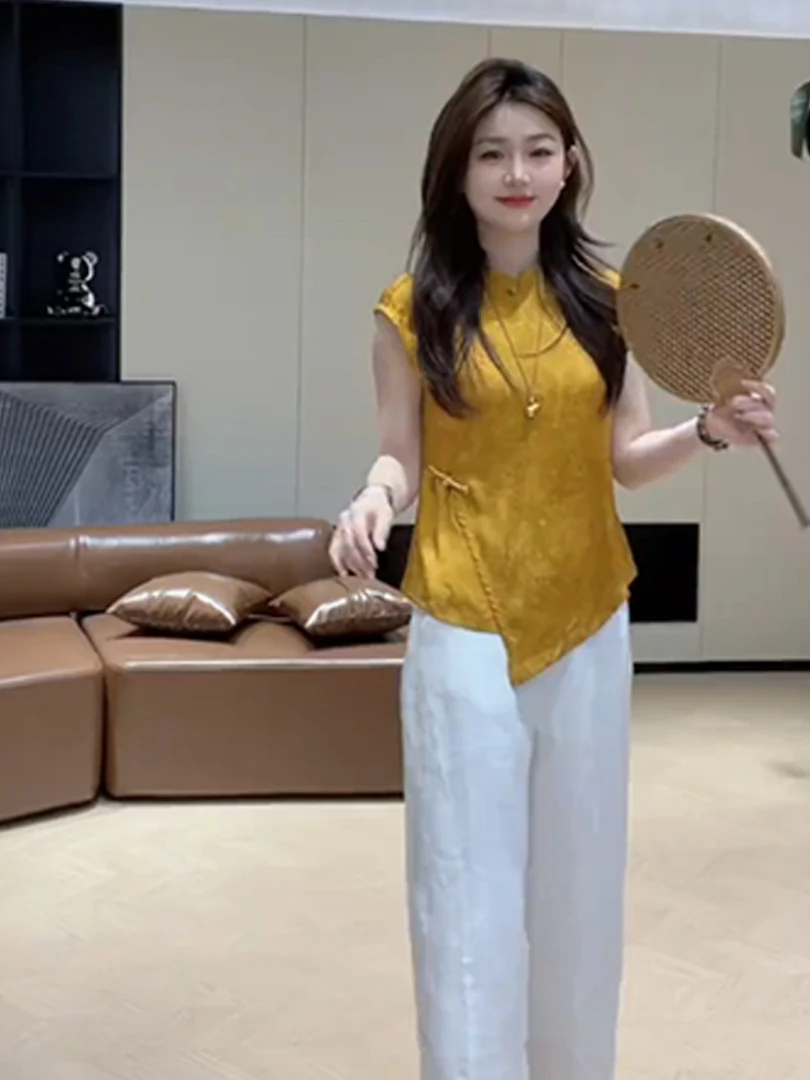 新中式气质立领无袖上衣女装2025夏季新款国风提花不规则漂亮小衫