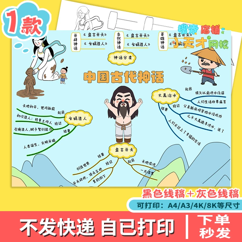 中国古代神话故事思维导图四年级读书阅读手抄报线稿读书卡f490