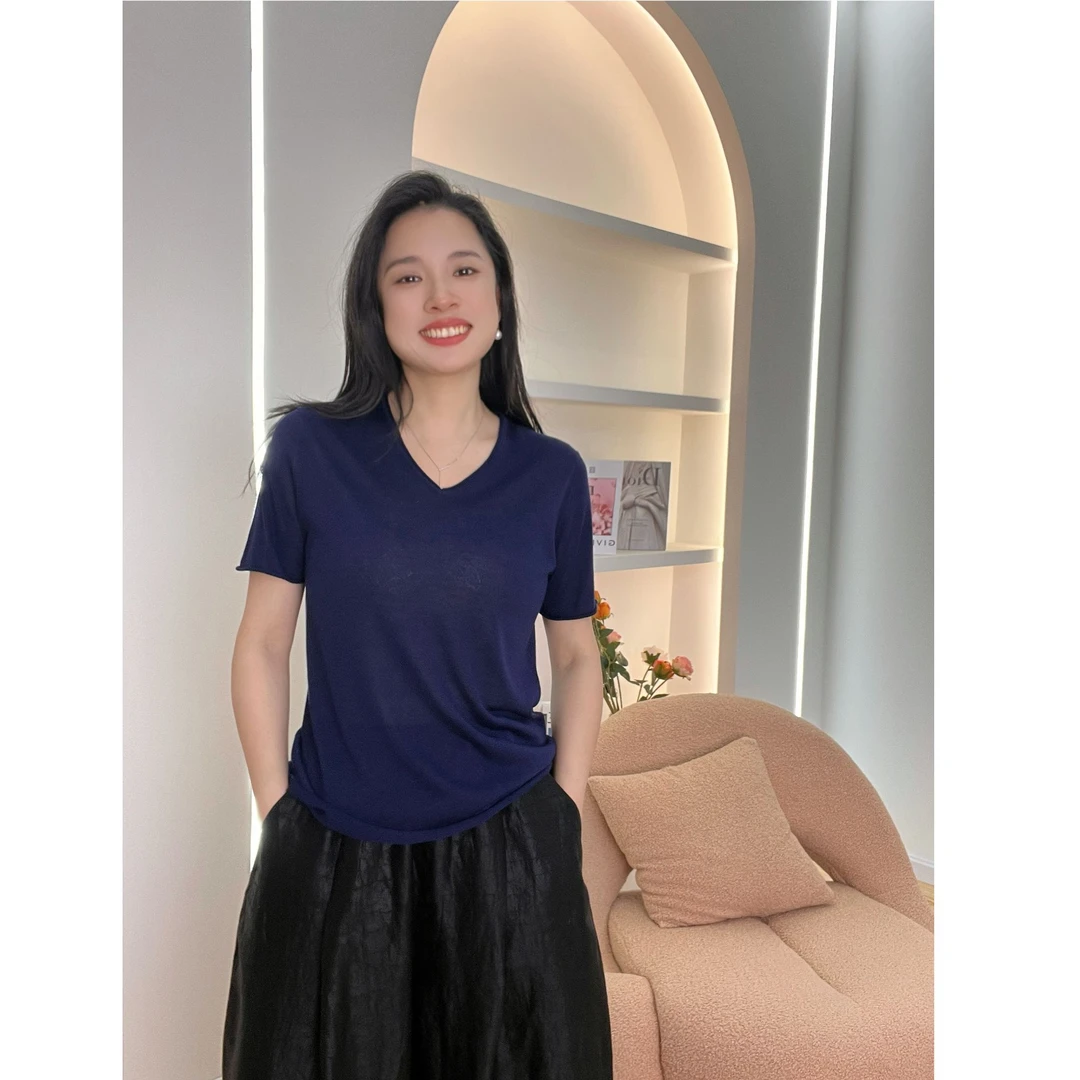 【人手1件】女士60支精纺蚕丝羊绒短袖夏季时尚百搭气质T恤打底y97