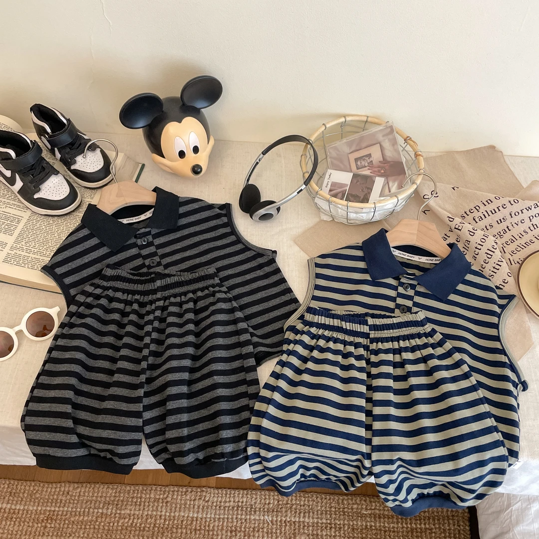 【棉拉架】儿童夏季新款polo衫条纹棉质套装男童洋气休闲百搭两件套