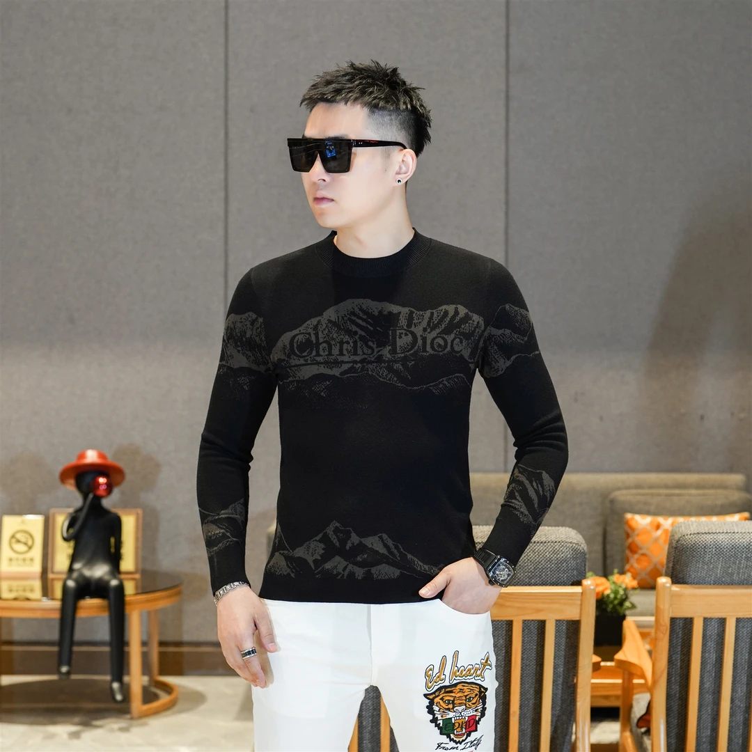 秋季新品男装轻奢高级感黑色圆领山羊绒混纺长袖针织毛衣男GL3822
