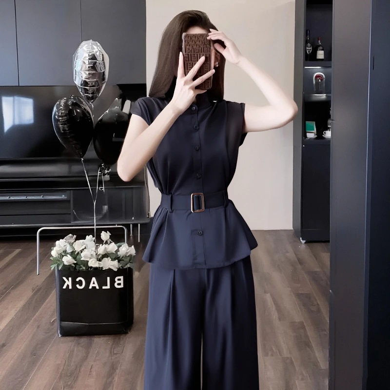 B套装清爽慵懒风短袖衬衫+高腰休闲阔腿裤时尚轻奢D1671