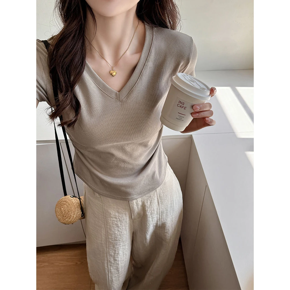 辣妹正肩领短袖恤女春夏季抽褶收腰显瘦设计感小众短款韩系上衣