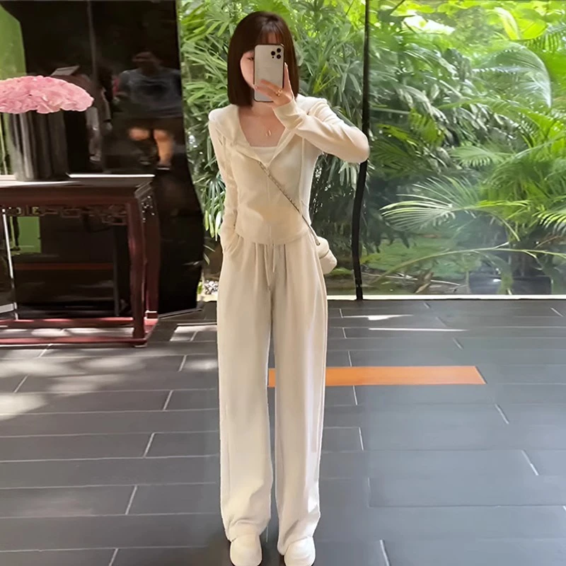 连帽收腰卫衣外套运动套装女秋季新款慵懒高腰垂感阔腿长裤两件套