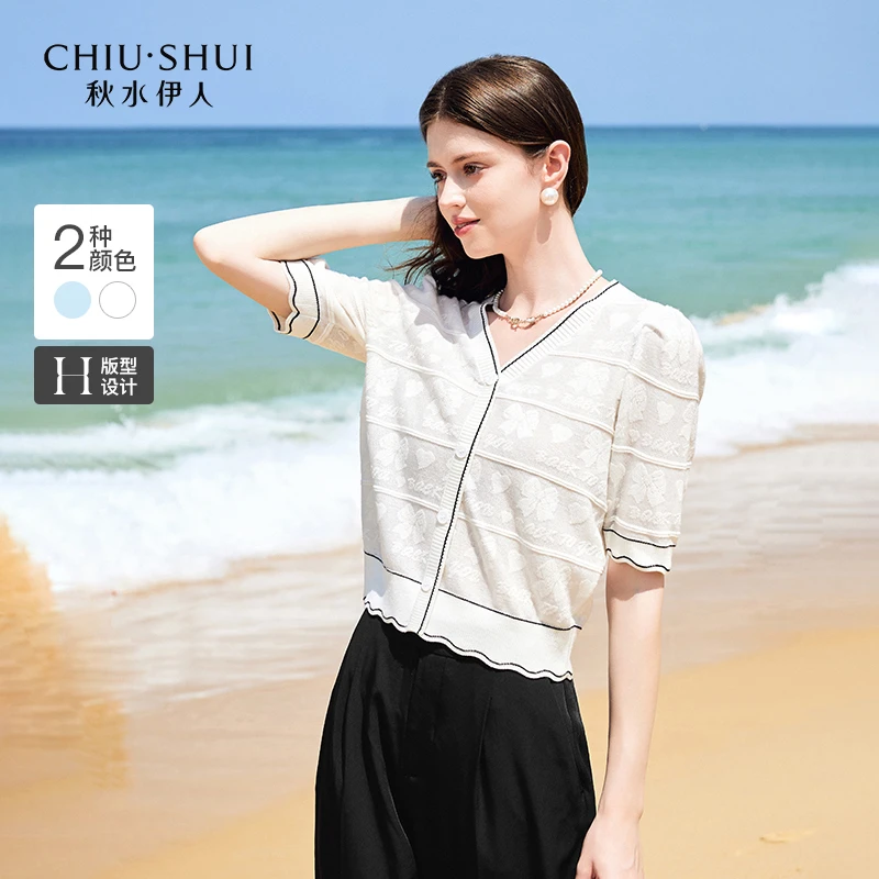 秋水伊人蕾丝感短袖针织衫2025年夏季气质V领上衣624204A100372