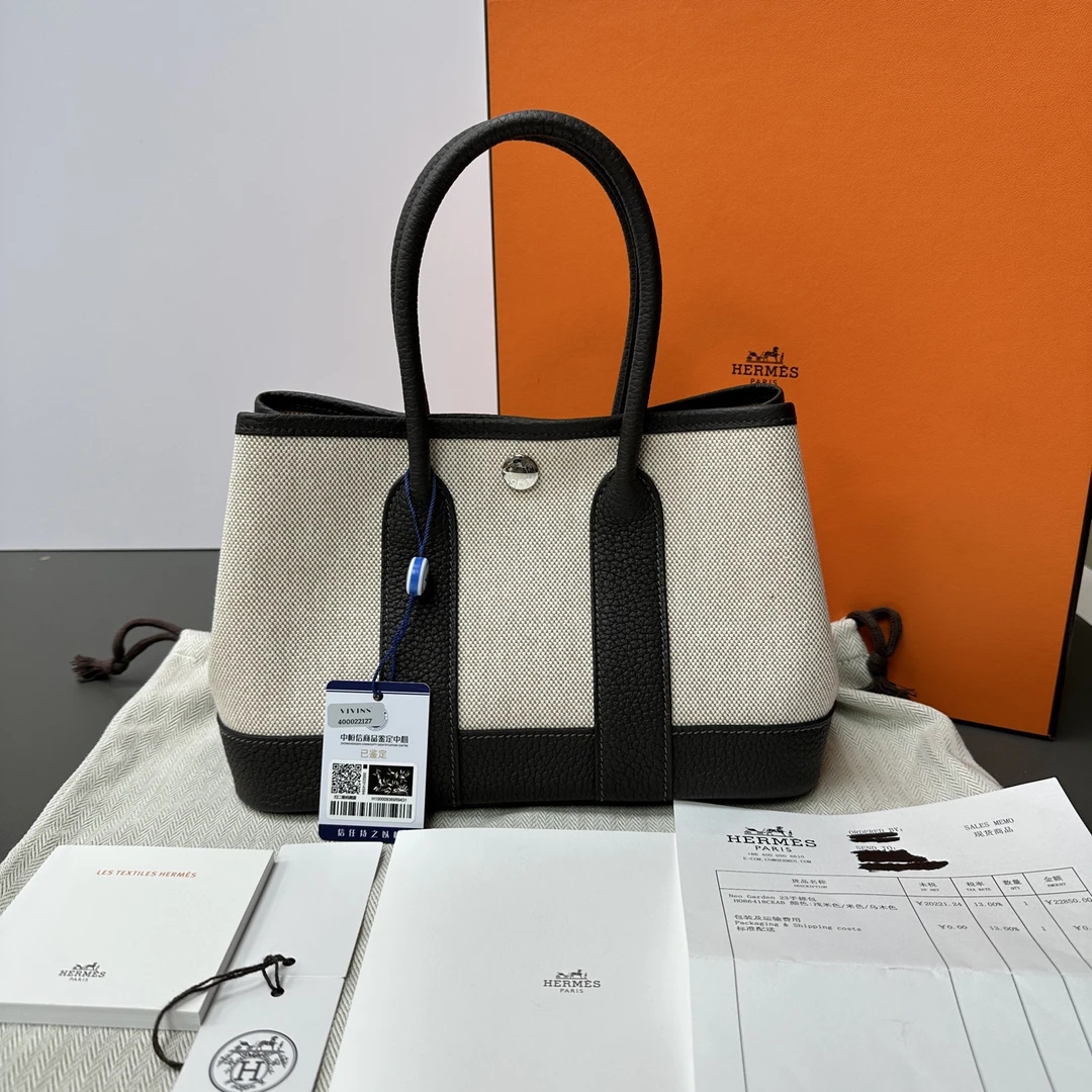 99新 Hermes/爱马仕 帆布乌木色拼皮mini花园23手 提包 07728
